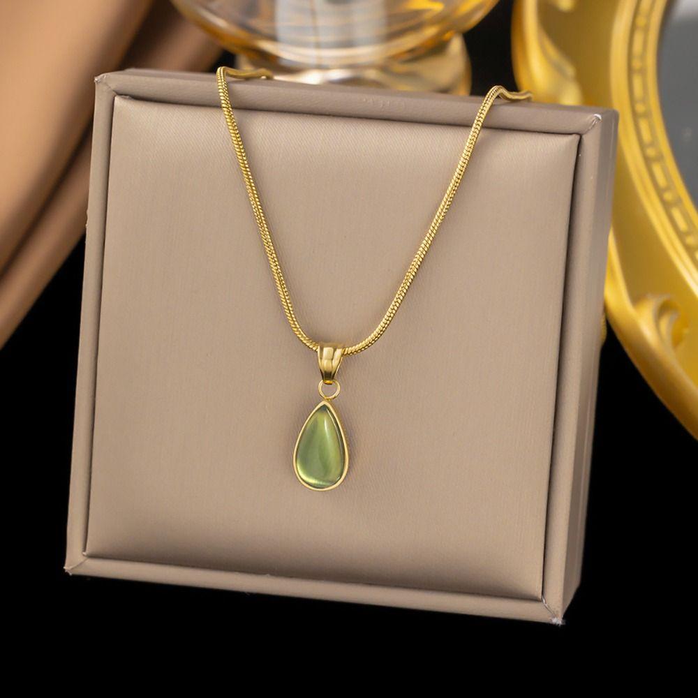 Olive-green Water Drop Neck Chain Colorfast Snake Bone Chain Necklace Drop Pendant Necklace Unisex
