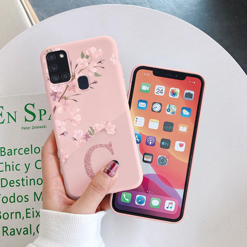 For Samsung Galaxy A21S A31 A55 A56 A16 A55 Phone Case Cute Pink Flowers Letter Back Silicone Capa Soft Bumper Coque Shell Cover