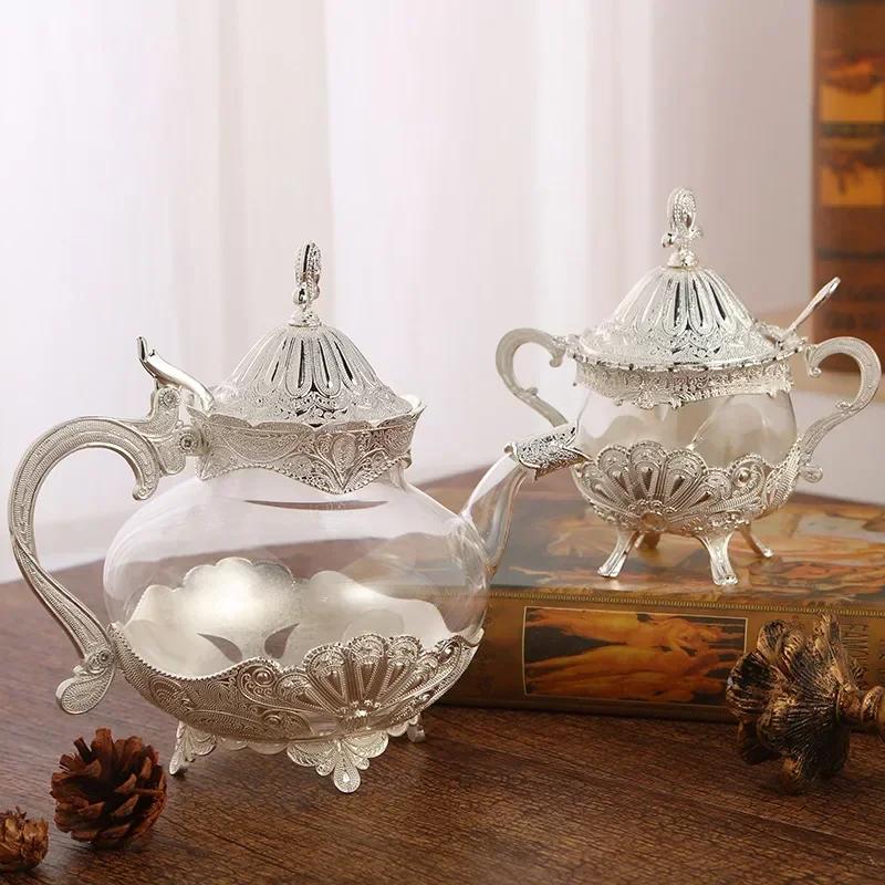 Elegant Alloy Glass Coffee Pot, Sugar Cup, European Style, Exquisite Hollow Carved, Household Pot, Ornaments