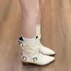 Metal Belt Buckle Riding Boots Women 2025 Autumn Sexy Pointed Toe Medium Heel Western Ankle Boots Casual White Pu Slip On Shoes