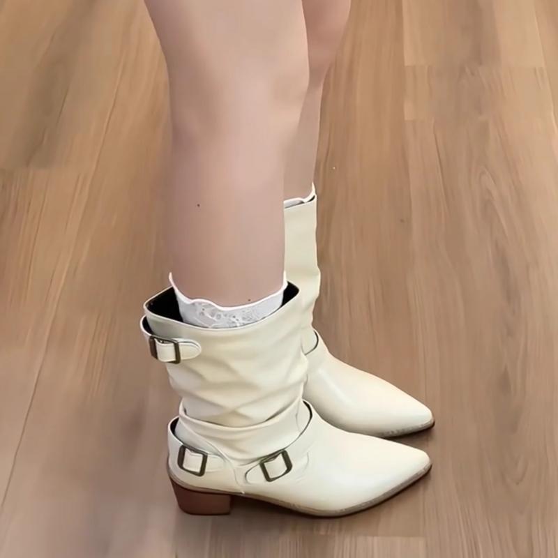 Metal Belt Buckle Riding Boots Women 2025 Autumn Sexy Pointed Toe Medium Heel Western Ankle Boots Casual White Pu Slip On Shoes