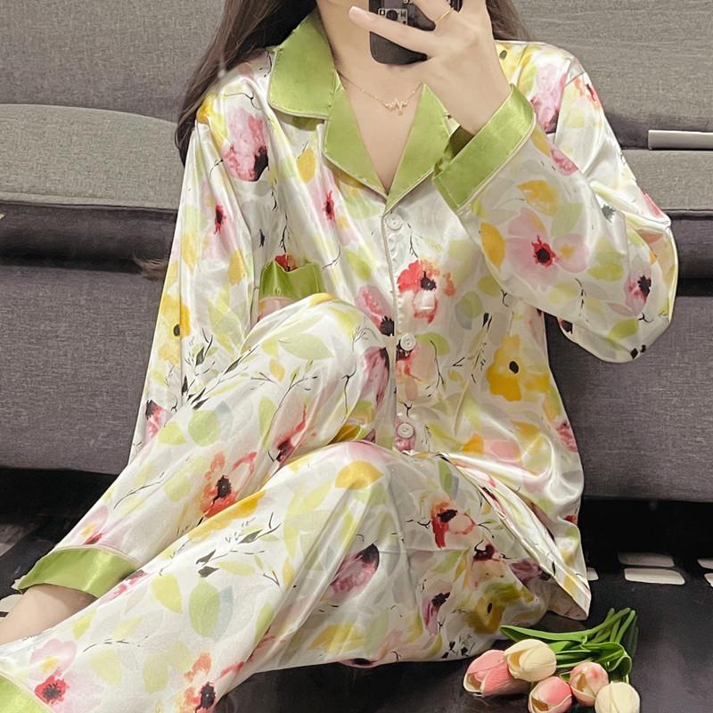 Женский комплект одежды для сна, осенняя пижама, отложной воротник, искусственный шелк, атлас, зеленый, с длинным рукавом, цветочный принт, женская пижама, домашняя одежда