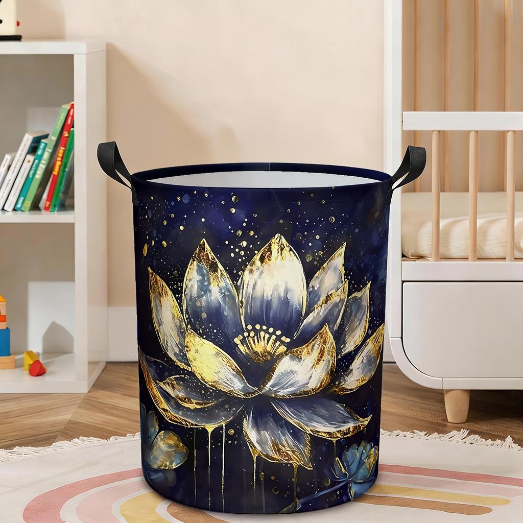 1pc Foldable for Lotus Flower Laundry Basket with Handle - Watercolor for Lotus Leaf Hamper, Portable Round Clothes Storage Suitable for Laundry Room,