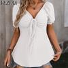 Женские модные повседневные летние весенние однотонные блузки и рубашки с v-образным вырезом и короткими рукавами с принтом