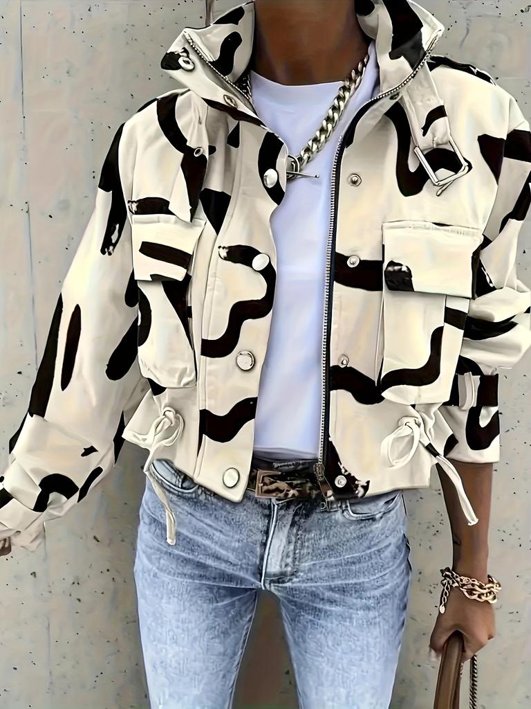 Women'S Leopard Print Bomber Jacket - Elegant Casual Short Length Zip-Up Coat with Stand Collar, Long Sleeves & Single-Breasted Front,