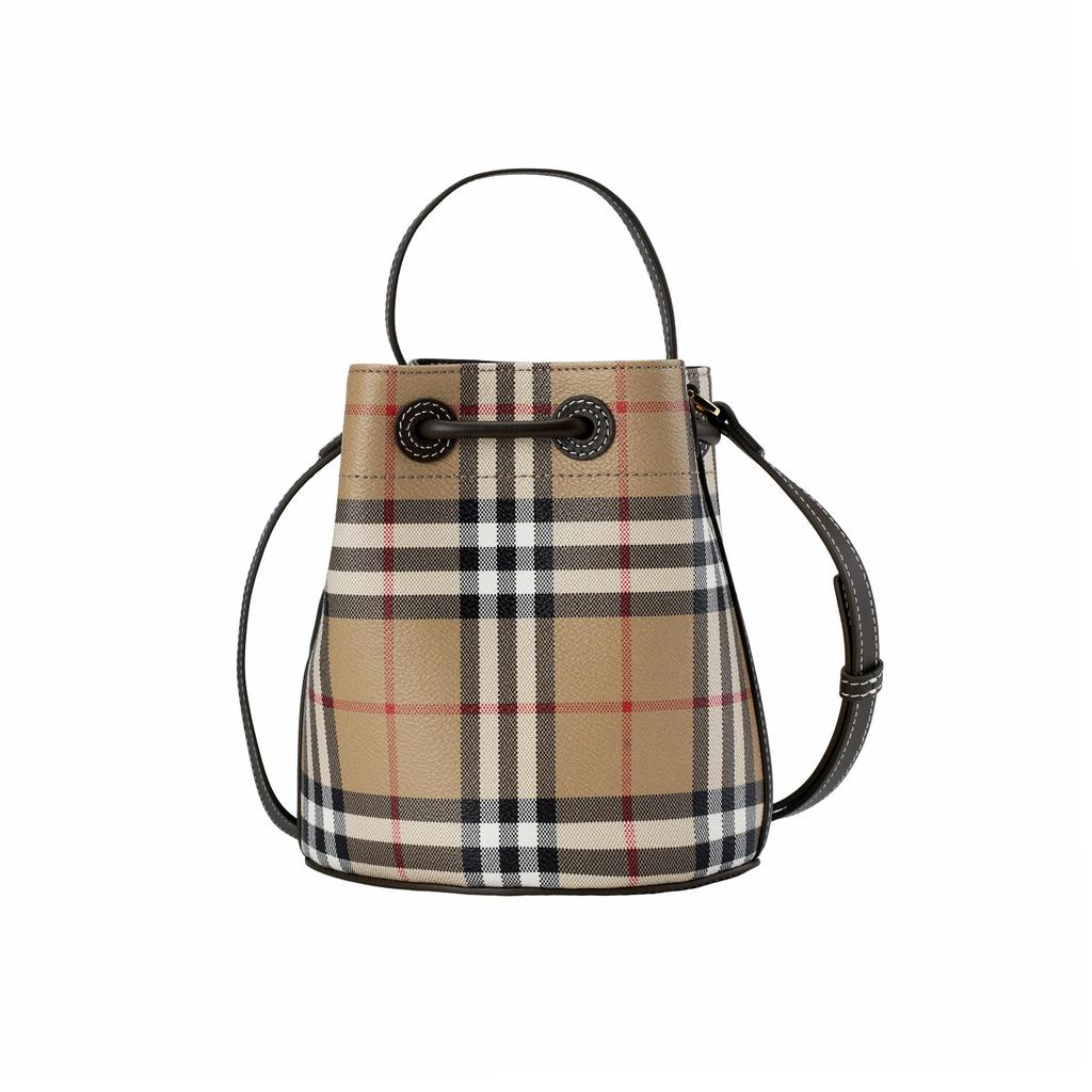 Burberry Vintage Check Drawstring Bucket Bag Beige Leather Casual 81004881