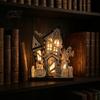 Spooky Festival Interior Furnishing 3D Halloween Village Haunted House Figurine, Light Up Wooden Castle Ornament Assembled Model with Ghost