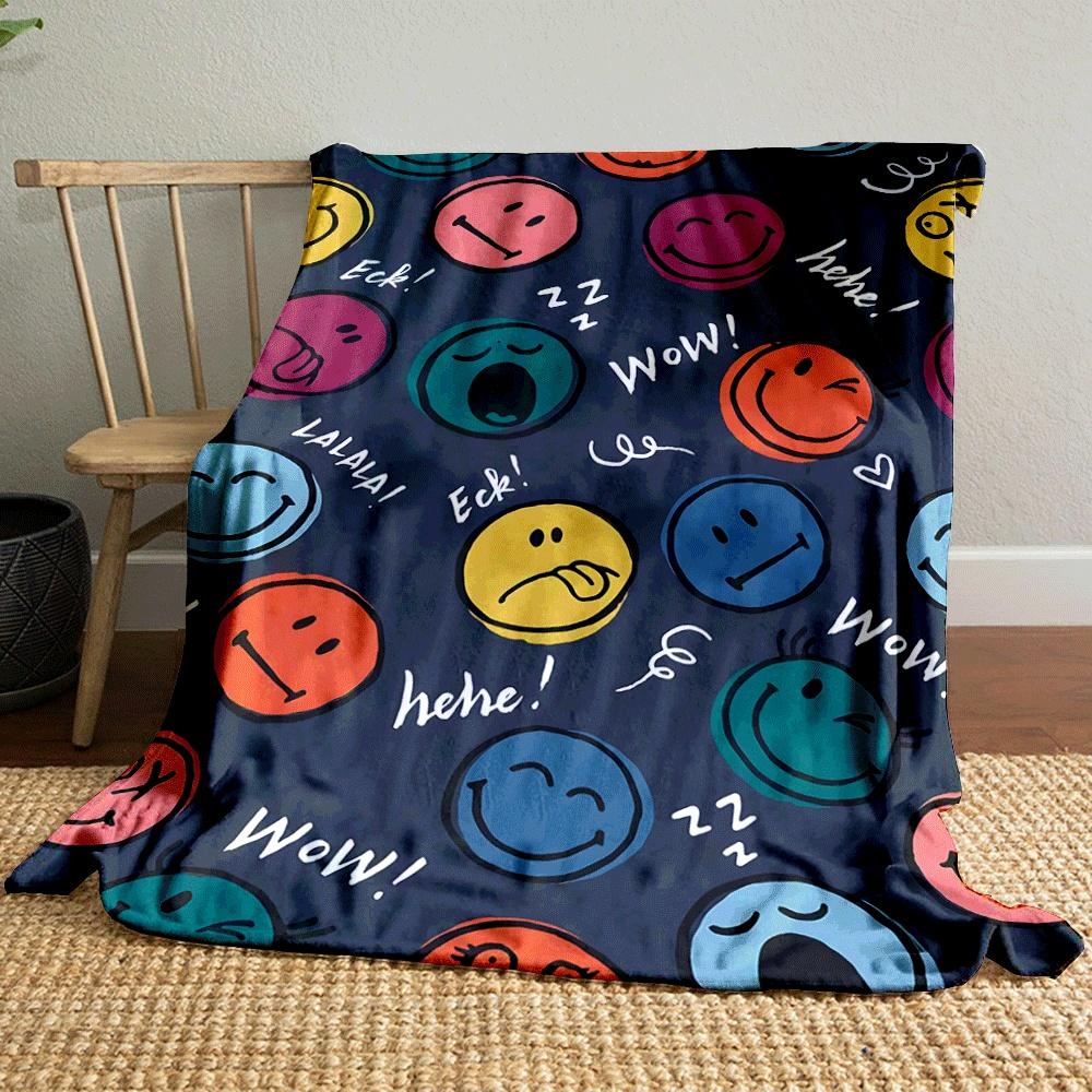 Colorful smiley faces with varied expressions and playful text accents. for all seasons blanket lunch break throw gift