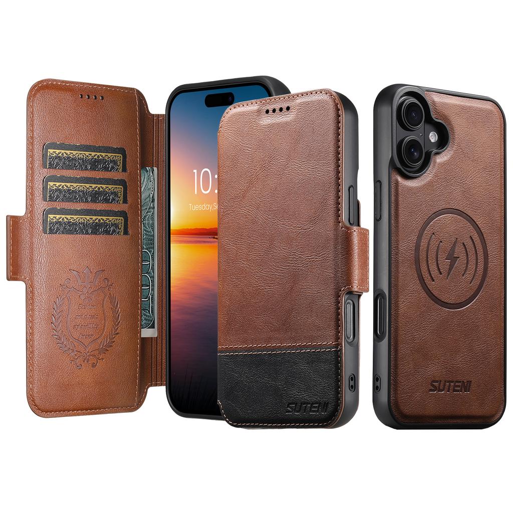 SUTENI Q-06 Чехол для iPhone 16 Plus Кожаный чехол для телефона с магнитной отстегивающейся конструкцией и цветной вставкой