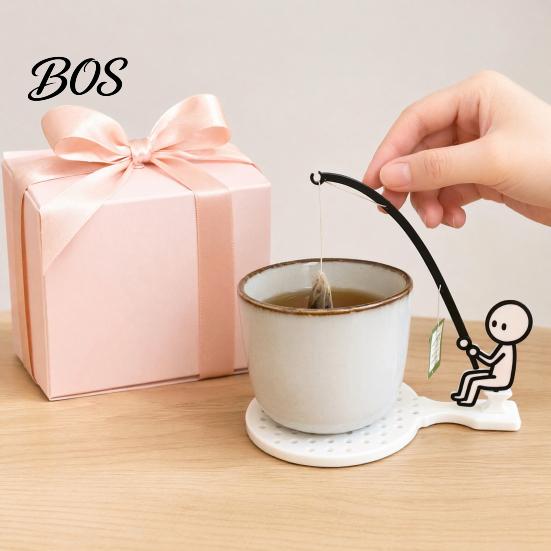 Table Mount Tea Bag Holder Fishing Man with Coaster, Cute Stick Figure Minimalist Design Holder, Funny Desk Cup Drip Catcher, Novelty Accessory