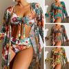 Summer Women Sexy High Waisted Bikini Three Pieces Floral Printed Swimsuit Women Bikini Set with Mesh Long-Sleeved Blouse Plus Size