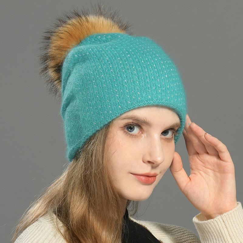 Hat Pompom Of Raccoon Women Winter Beanie Angora Knit Double Layers Warm Accessory For Autumn Cold Weather Sports Skiing Outdoor