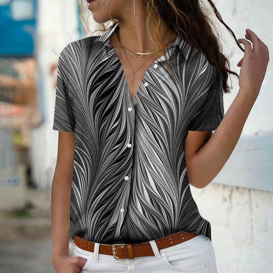 2023 Summer New Fashion Women's Drifting Reeds Printed Short Sleeve V-neck Casual Button-down Shirt Top