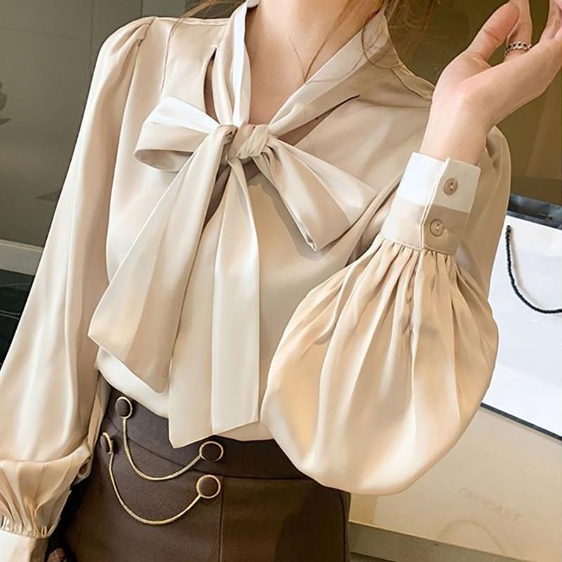 Женская рубашка с бантом, рубашка с длинным рукавом, маленькая шифоновая рубашка весной и осенью с дизайном
