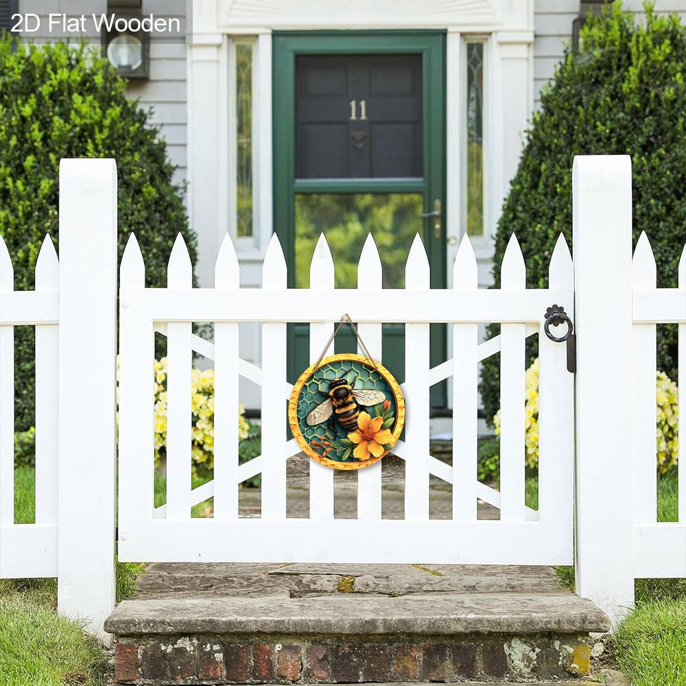 Деревянная табличка в деревенском стиле с очаровательным пчелиным узором - Круглое украшение для входной двери, Настенный декор - Идеальный домашний подвесной декор