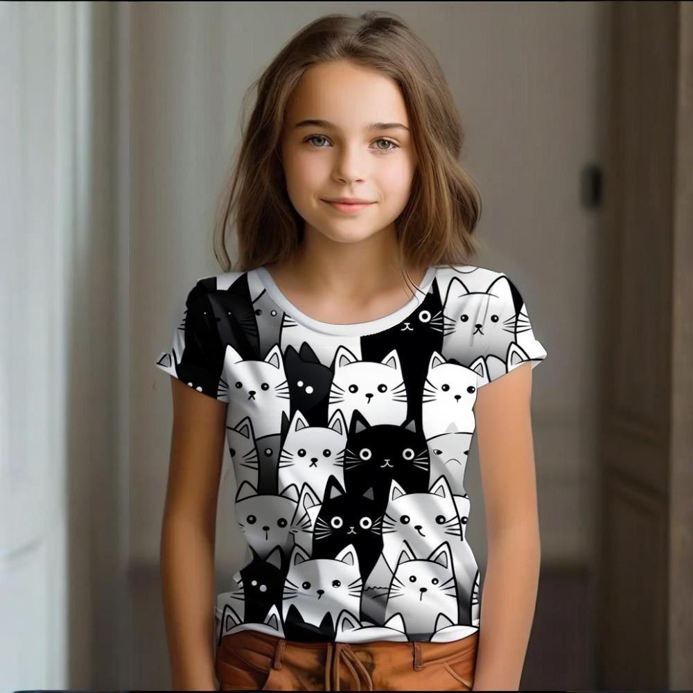 Girls' clothing summer cartoon cat pattern children's clothing children's art graffiti short sleeved T-shirt causal round neck children's top