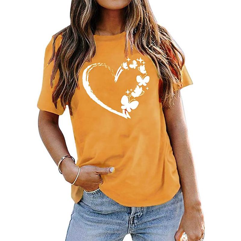 Women's Summer T-shirt Blue Heart Printed Short Sleeved T-shirt Casual Printed Top