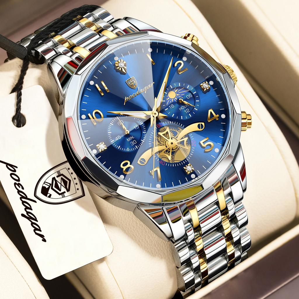 POEDAGAR Top High Quality Man Wristwatch Chronograph Stainless Steel Fashion Men's Quartz Watches Waterproof Luminous Men Clock