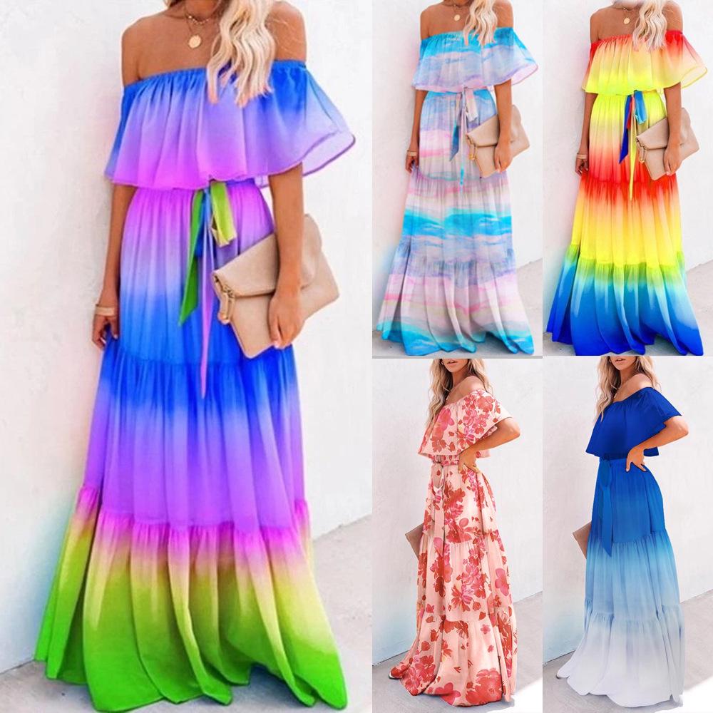 European & American Gradient Print Strapless Swing Dress for Women 2025