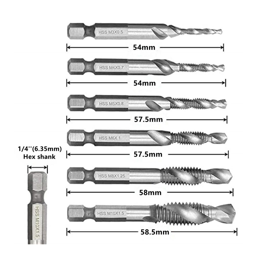 Combination Drill Tap Bit Set,6 PCS 1/4 "Hex Shank HSS Titanium Coated Spiral Tap Drill Bit Include M3 M4 M5 M6 M8 M10 Screw Tap