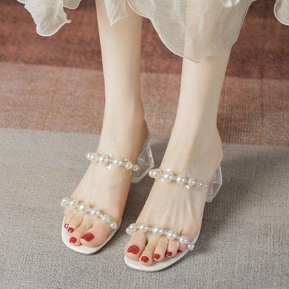 2025 Summer New Versatile Crystal Thick Heel High Heel Sandals Transparent Slippers Women's Rhinestone Pearl Outer One-word Drag