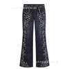 Womens Y2K Bohemian Print Denim Jeans Low Waist Flared Leg Straight Fit Vintage Tribal Style