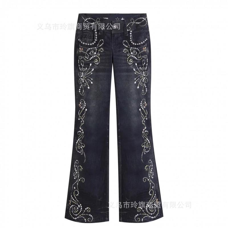 Womens Y2K Bohemian Print Denim Jeans Low Waist Flared Leg Straight Fit Vintage Tribal Style
