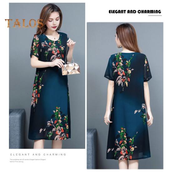 Женское летнее платье среднего возраста с цветочным принтом, круглым вырезом, короткими рукавами, двухслойное платье длиной до колена, больших размеров, свободное женское платье миди для выпускного вечера