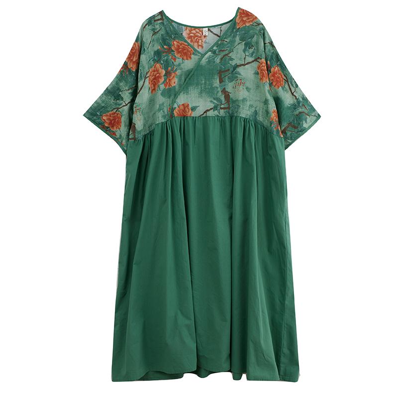 DIMANAF 2025 Plus Size Summer Women Basic Dress Vintage Floral Printing Casual Loose V-Neck Long Dress Maxi