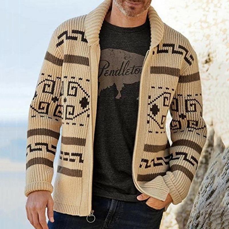 Autumn Winter New Men's Fashion Lapel Casual Cardigan Coat Long Sleeve Slim Jacquard Knitted Sweater