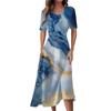 Ladies Casual Fashion Gradient Print V-Neck Short Sleeve Waist Long Swing Dress