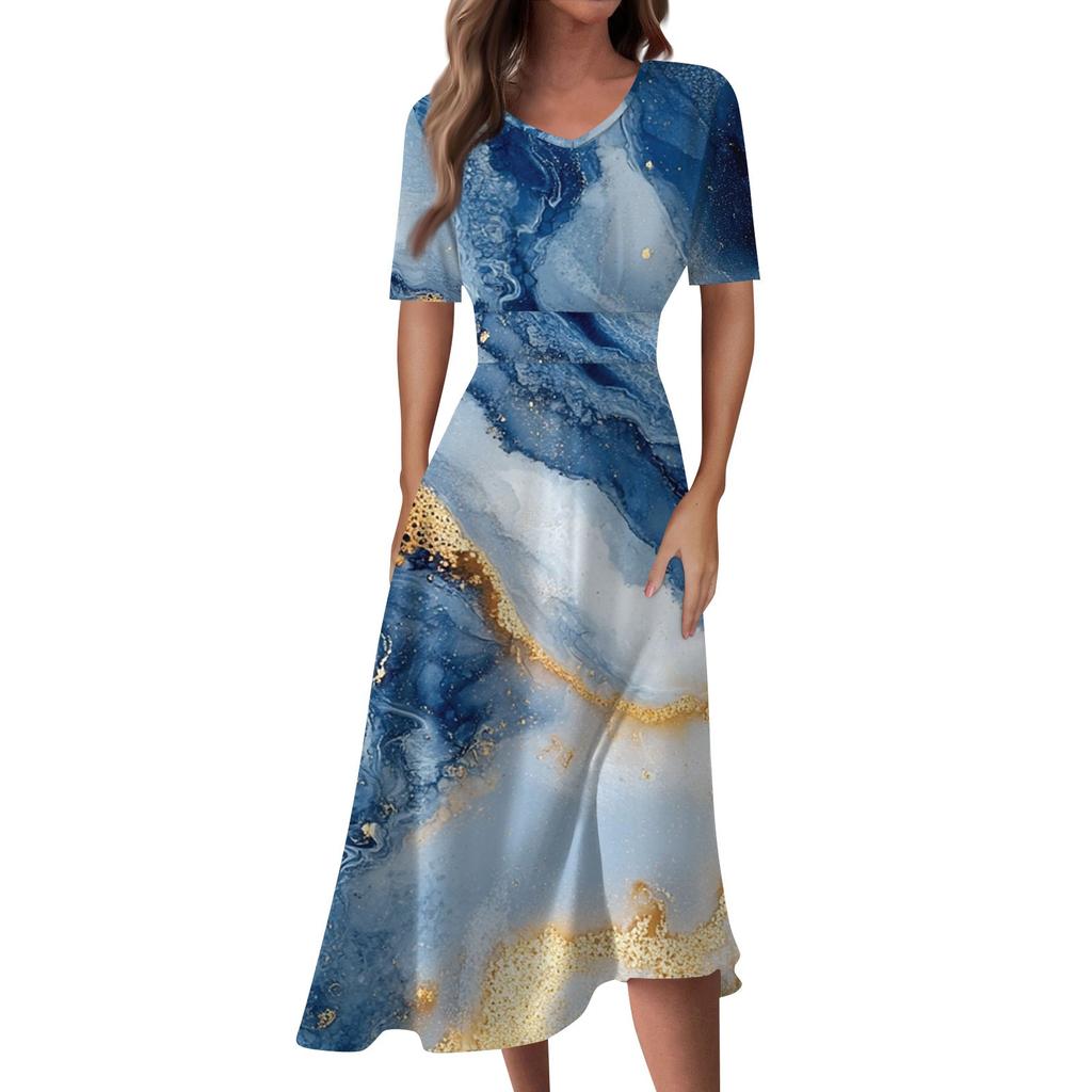 Ladies Casual Fashion Gradient Print V-Neck Short Sleeve Waist Long Swing Dress