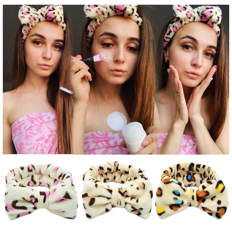 Leopard Makeup Wash Face Headbands for Women Coral Fleece Bow Dot Hairband Turban Knot Elastic Headwrap Girls Hair Accessories