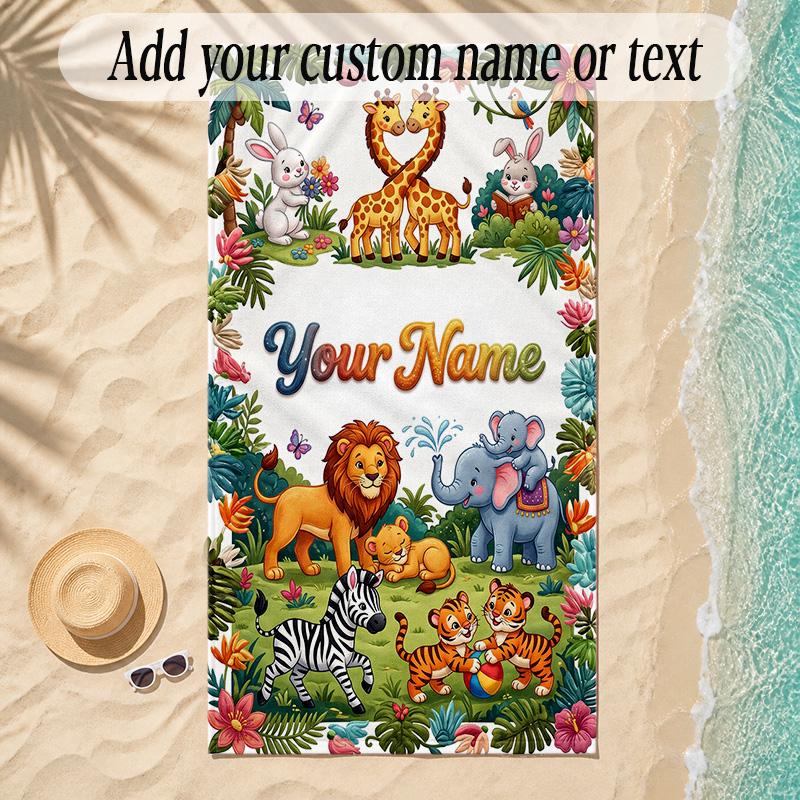 Animals Theme Soft Beach Towel Personalized Custom Name Text Towel Portable for Beach Pool Travel