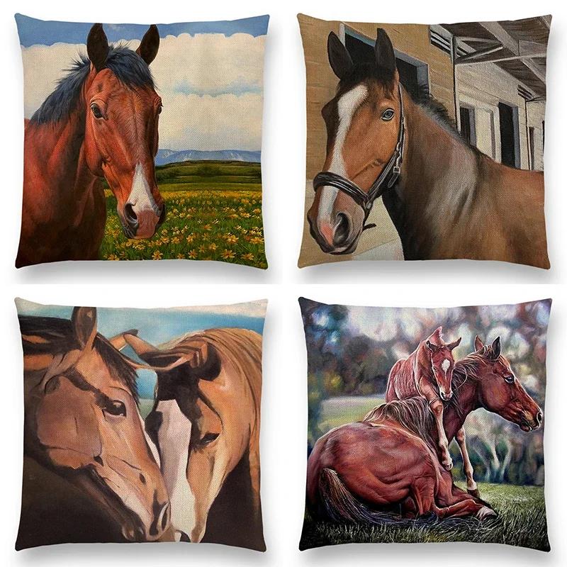 Наволочка с масляной живописью лошади, домашний декор, винтажная наволочка для дивана, автомобиля, льняная наволочка, домашняя декоративная, дропшиппинг