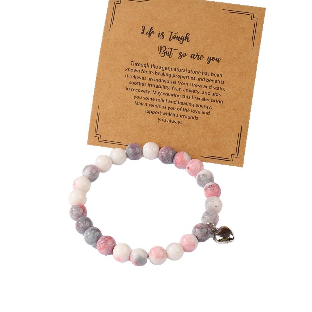 Imitation pink zebra stone glass bracelet, women's love pendant, encouragement card, pink bracelet, round bead jewelry.