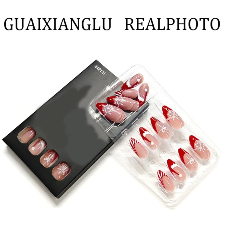 Sparkling Snowflake French Manicure Press On Nail 24Pieces Red White Stripes Christmas Design Artificial Nail