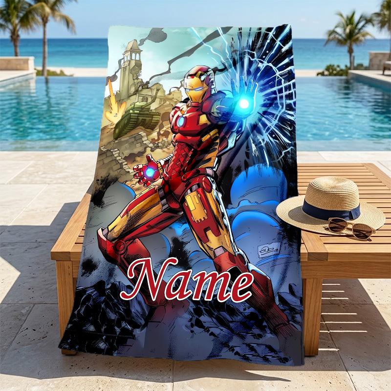 Custom Name Iron Man Flight Stylish Digital Printing Beach Towel Quick‑Drying Absorbent Blanket for Beach Pool Gym Travel