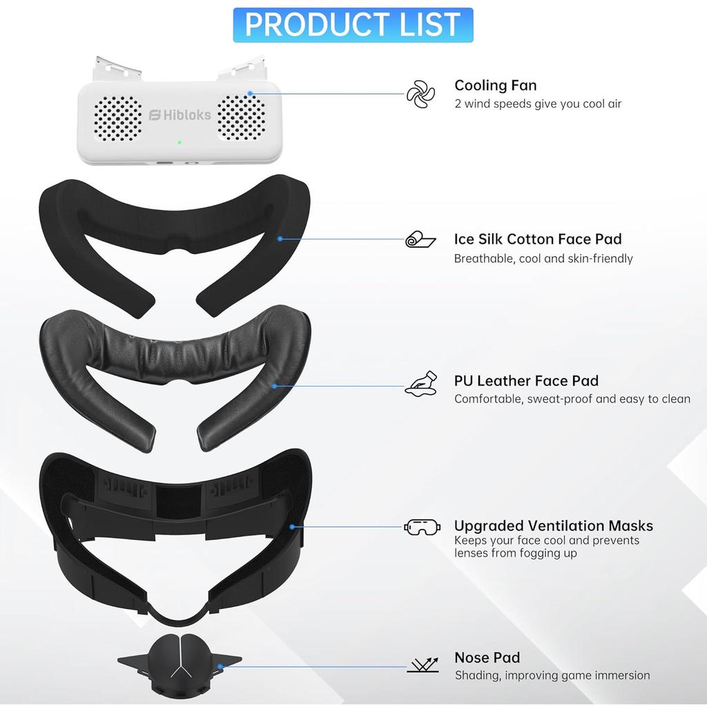 Подушка-накладка для лица HiBloks с охлаждающим вентилятором для аксессуаров Meta Quest 3, 2 шт. Чехол для подушки для лица, совместимый с Oculus Quest 3, кулер с вентилятором, замена