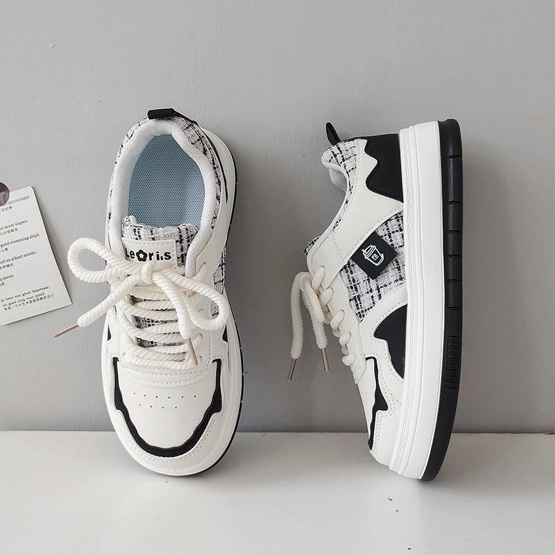 Кроссовки женские в черно-белую клетку, повседневные, весна-осень, новые, университетский стиль, универсальные, с круглым носком, белые туфли