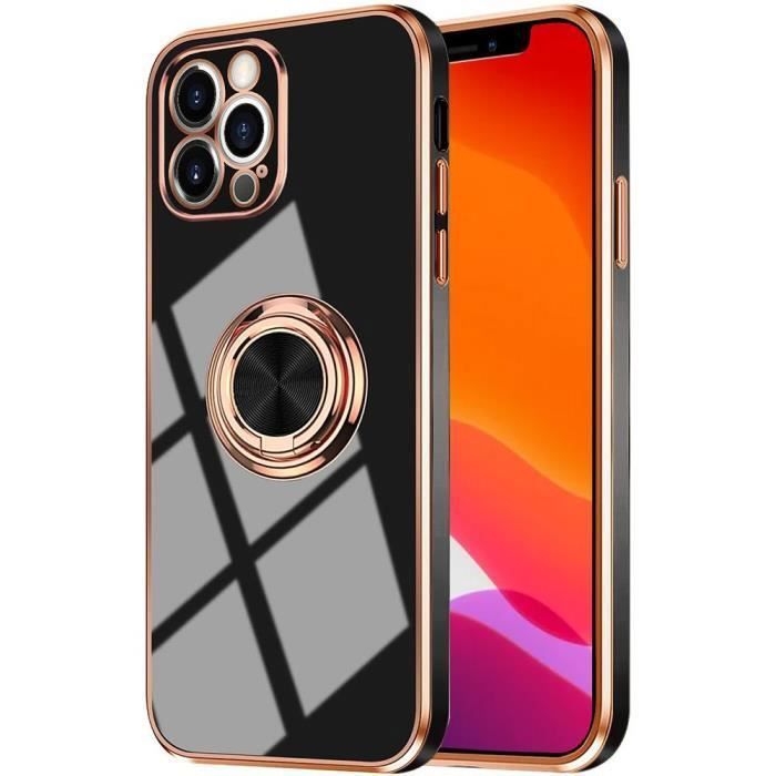 Coque de Protection - E.F.CONNECTION - pour iPhone 12 Pro - TPU Anti-Rayure - Noir avec Bordure Or - Anneau Pratique