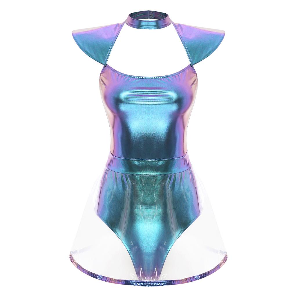 Женский костюм для косплея инопланетянки, боди с вырезами и рукавами-крылышками, низ - плавки, юбка из ПВХ, цельный боди, карнавальная одежда