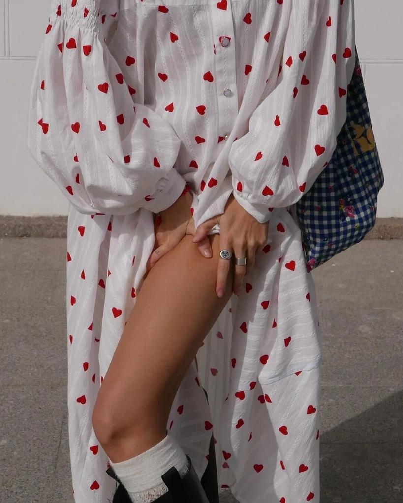 Heart Print Long Sleeve Dresses Loose Cotton Maxi Dress Buttons Mock Neck Vintage Elegant Women Clothing Vestidos