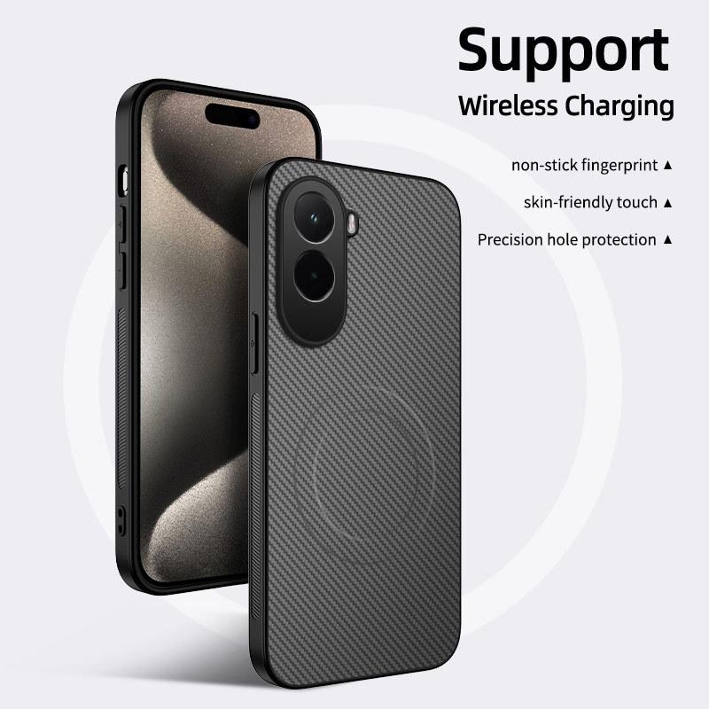 Совместимо с Xiaomi POCO M7-4G: Текстура кожи из углеродного волокна, Полное покрытие, Защита объектива, Защита от падений, Магнитный чехол MagSafe.