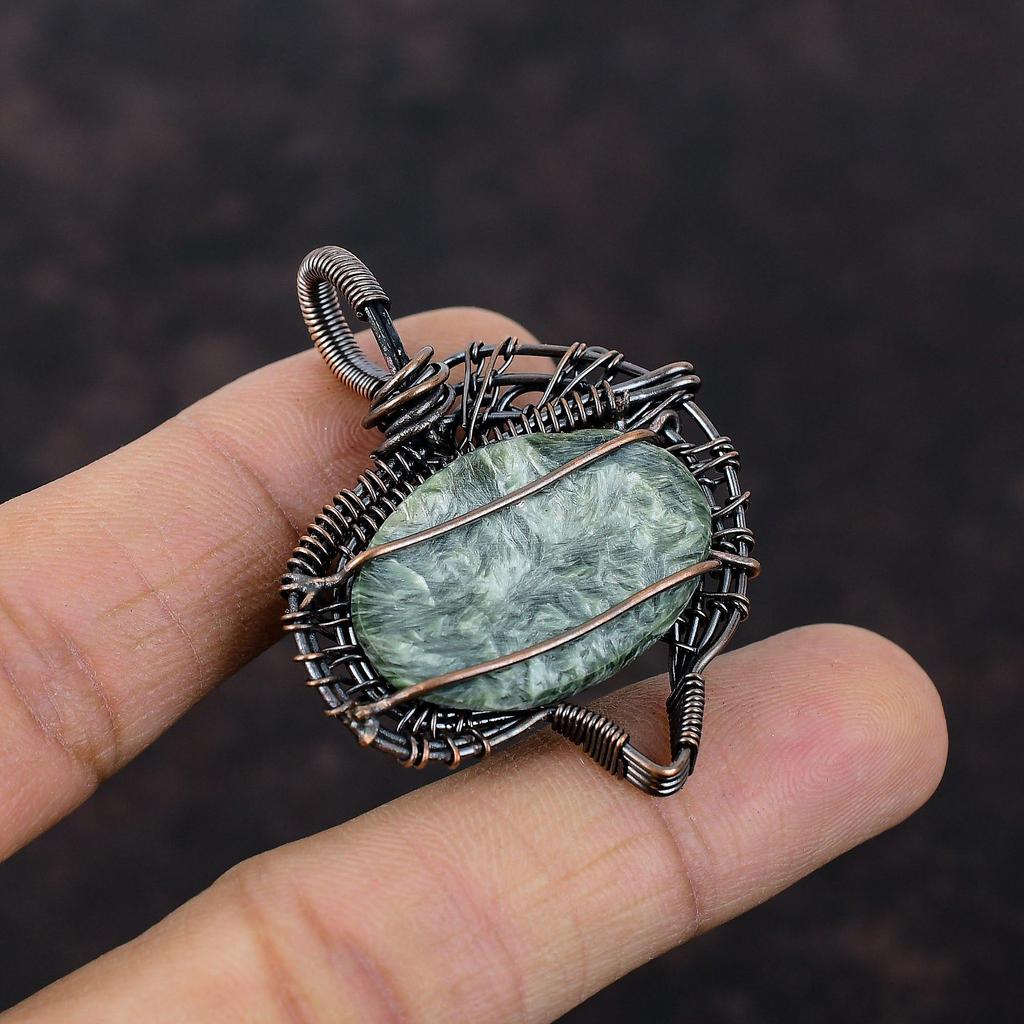 Подвеска из серафинита, обернутая медной проволокой, драгоценный камень, подвеска ручной работы, обернутая проволокой, уникальный медный дизайн, подвеска, подарок на годовщину