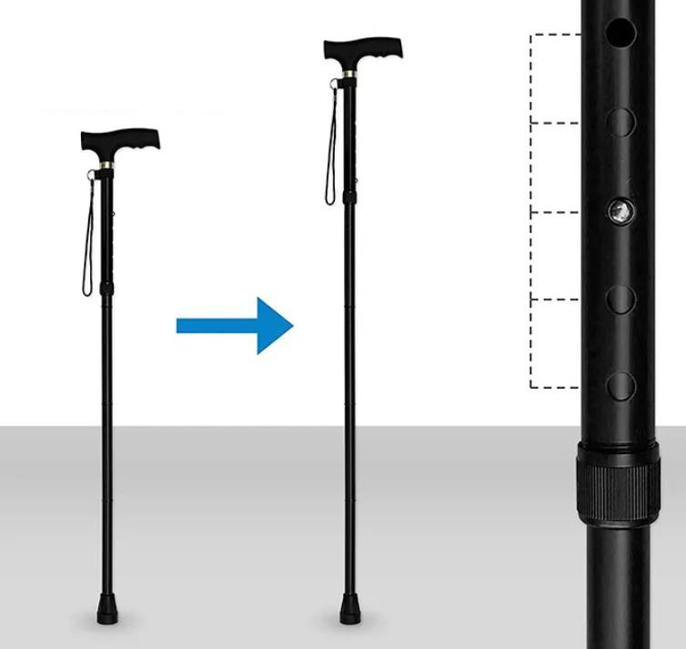 Folding walking stick, adjustable height, aluminum, black
