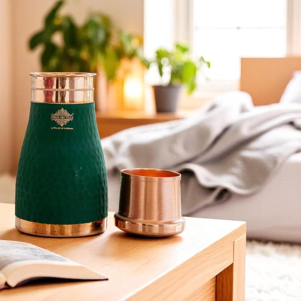Pure Copper Bedroom Water Bottle with Inbuilt Glass, Green Silk Finish Hammered Design, Drinkware & Storage Purpose