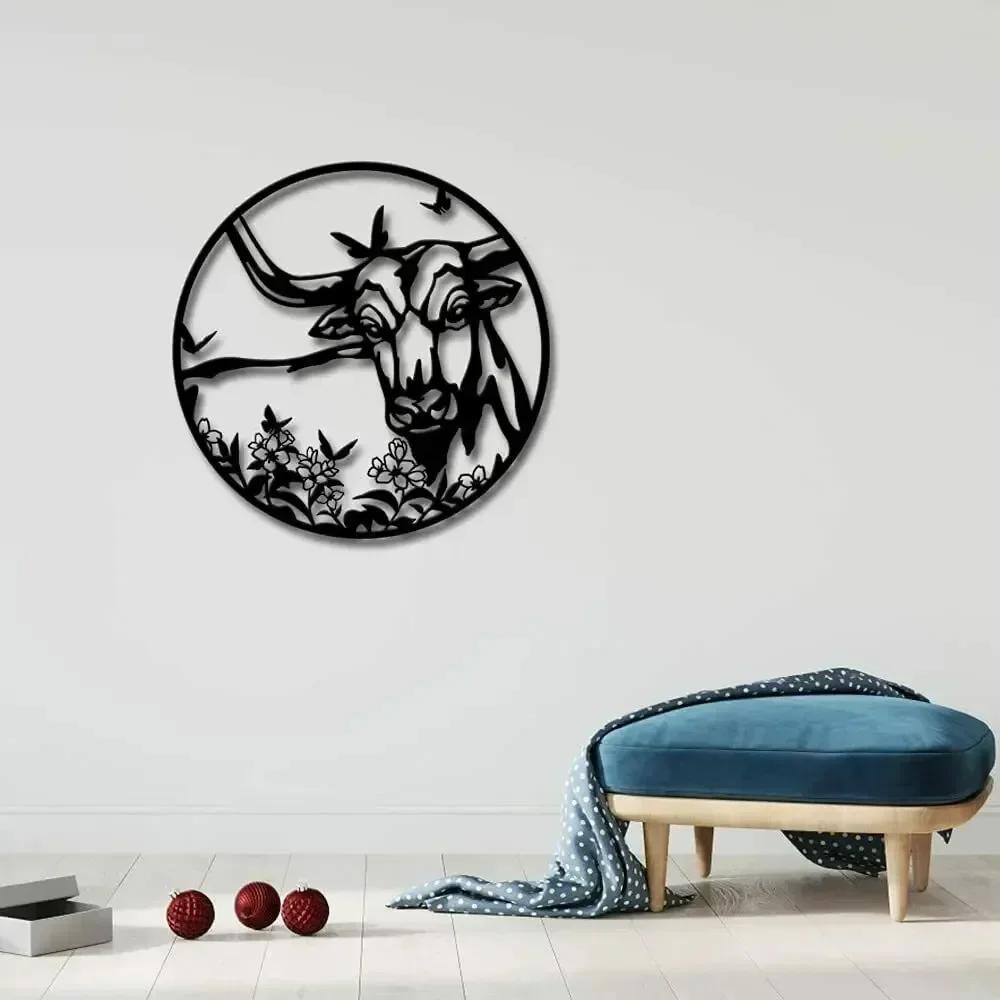 1pc Highland Cow Metal Wall Decor Texas Longhorn Cattle Artwork Animal Wall Art Sticker Interior Living Room/Home Decoration