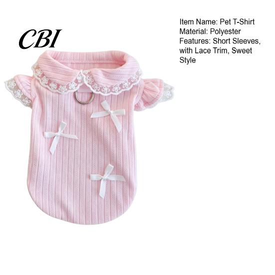 Sweet Style Pet Apparel Cute Girl Dog T-Shirt, Lace Trim Shirt with Bowknots, T-Shirt Short Flying Sleeves, Summer Female Outfit for Small Dogs Bow