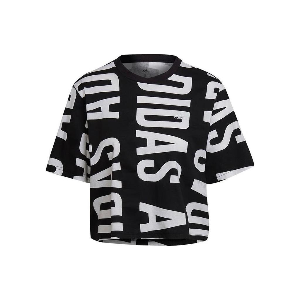 adidas Футболка с круглым вырезом и логотипом со сплошным принтом, женские топы, черный HC9161